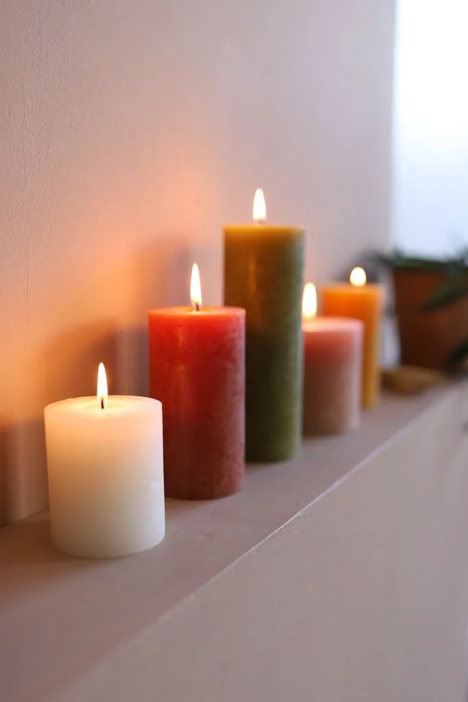 Cinq bougies colorées allumées, disposées en ligne sur une étagère près d'un mur blanc, créant une ambiance chaleureuse.