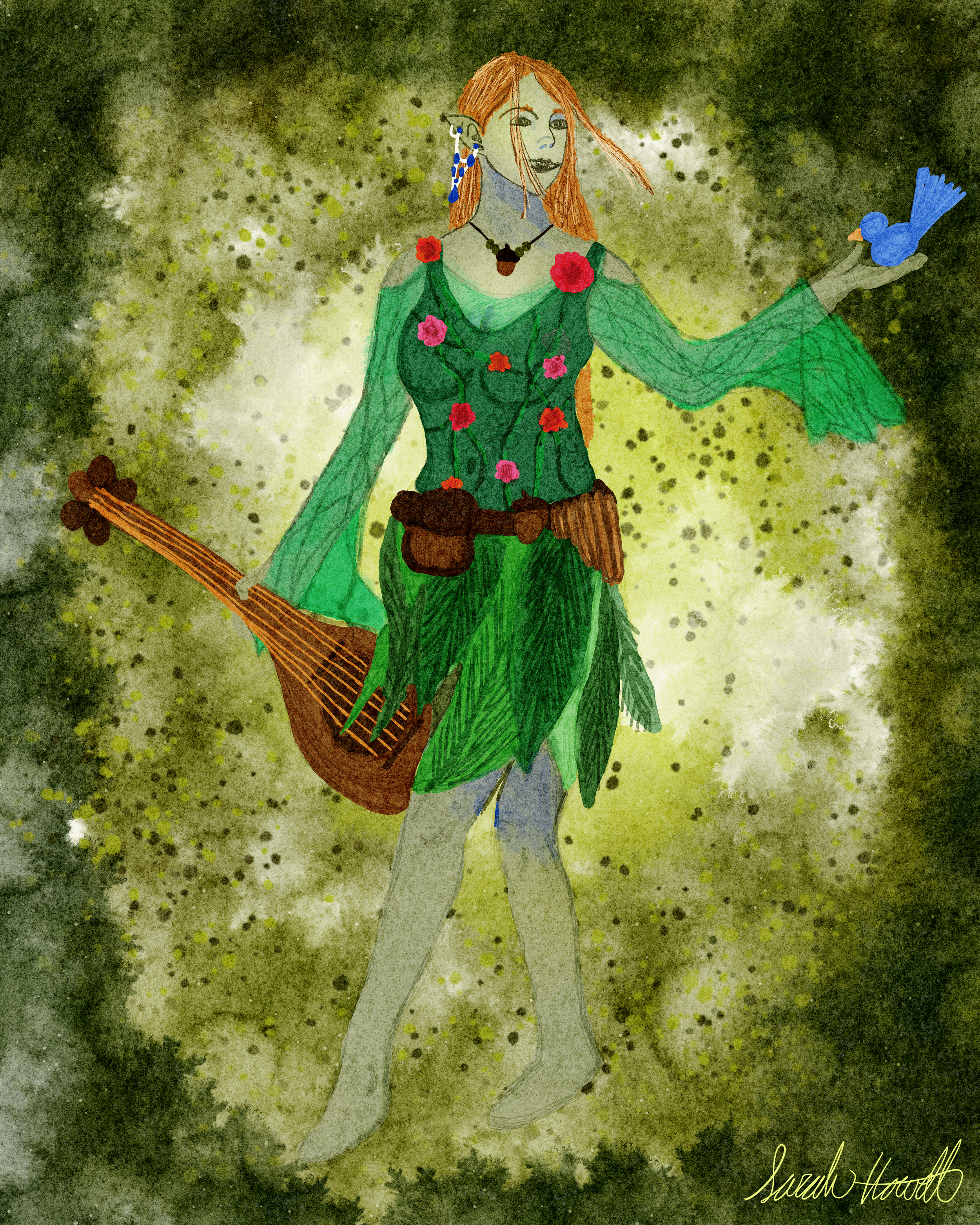 Drawing of a fairy-like woman with long orange hair, wearing a green leafy dress adorned with flowers, holding a blue bird in her outstretched hand and a stringed musical instrument in her other hand, surrounded by a green, textured background.