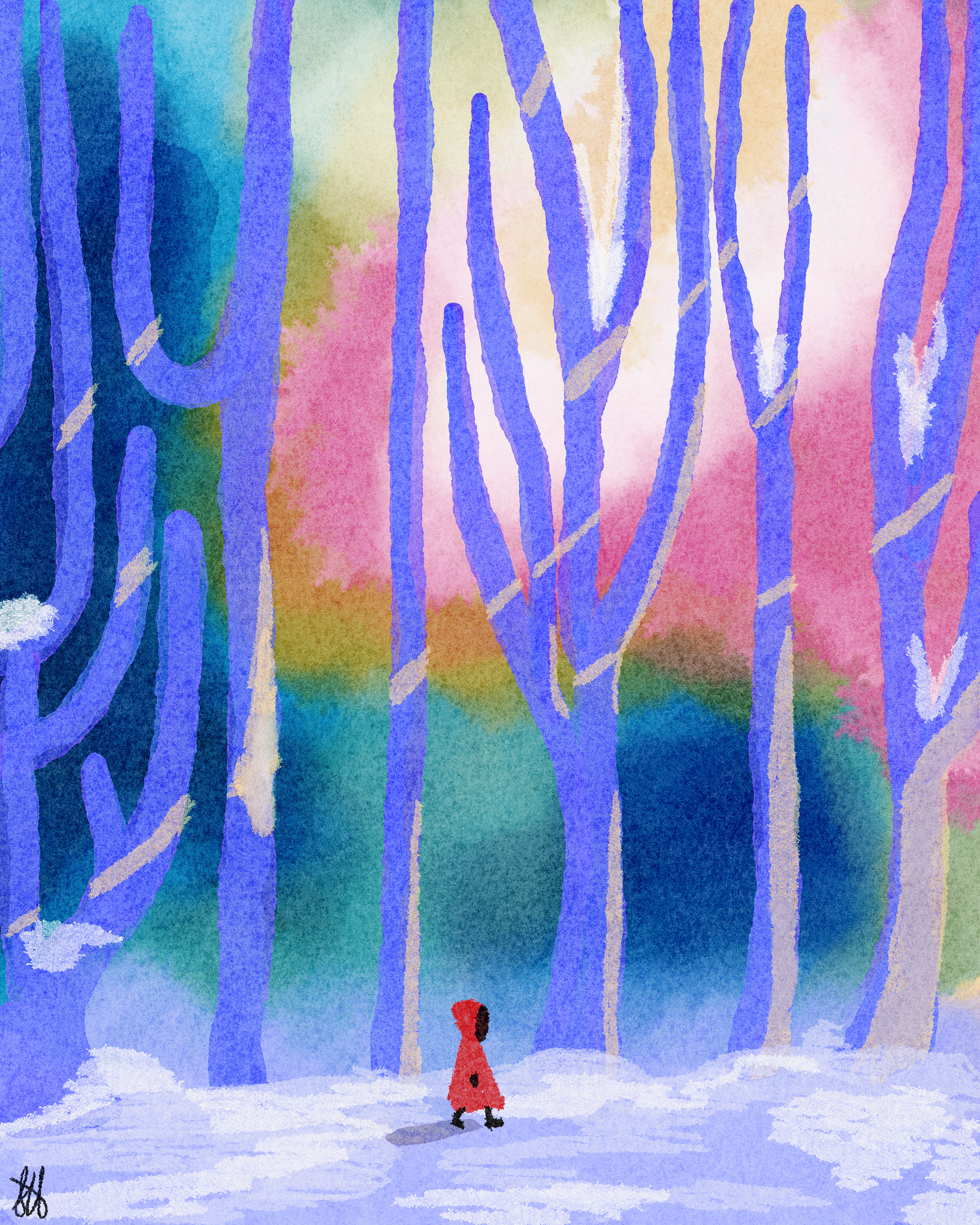 Watercolor illustration of a girl in a red coat walking through a snowy forest with tall, leafless trees and a colorful, blurred background.