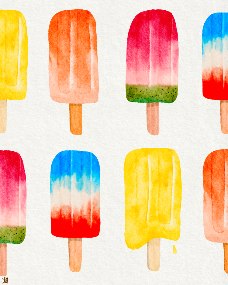 Watercolor painting of colorful popsicles in red, yellow, blue, pink, orange, and multicolor designs on sticks against a white background.