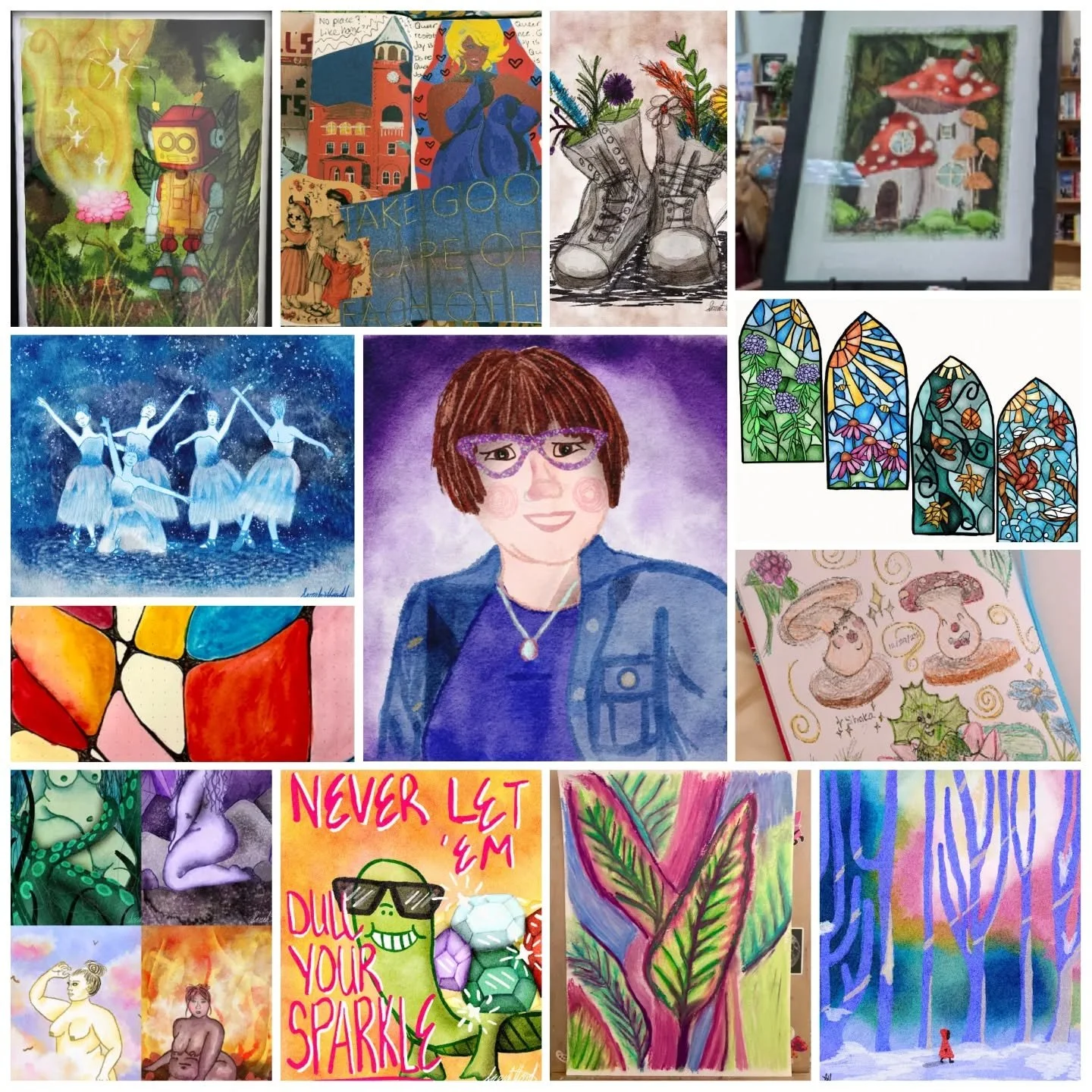 Collage of various colorful artwork including paintings, sketches, and illustrations featuring characters, scenes, plants, and abstract designs.