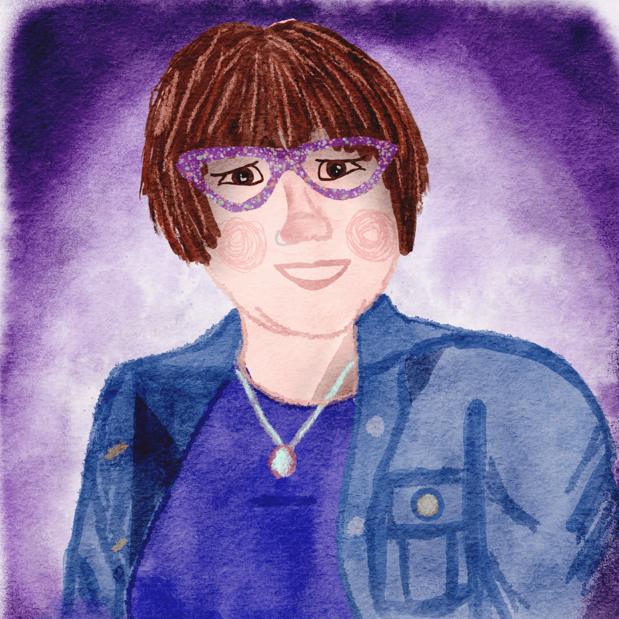 A digital watercolor of a smiling person with short, brown hair, wearing purple glasses, a blue jacket over a purple shirt, and a necklace with a purple gemstone.