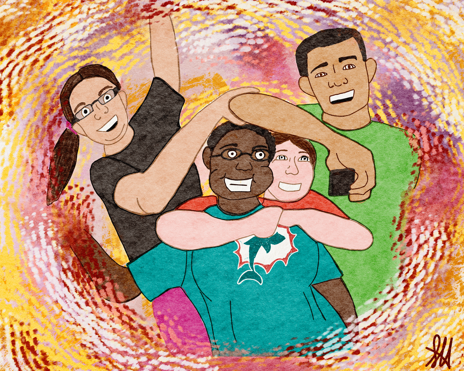 Four happy friends taking a group selfie against a vibrant, colorful swirl background. Two men, one woman, and one person with glasses and a pulled-back ponytail smile with arms around each other, one holding a smartphone.