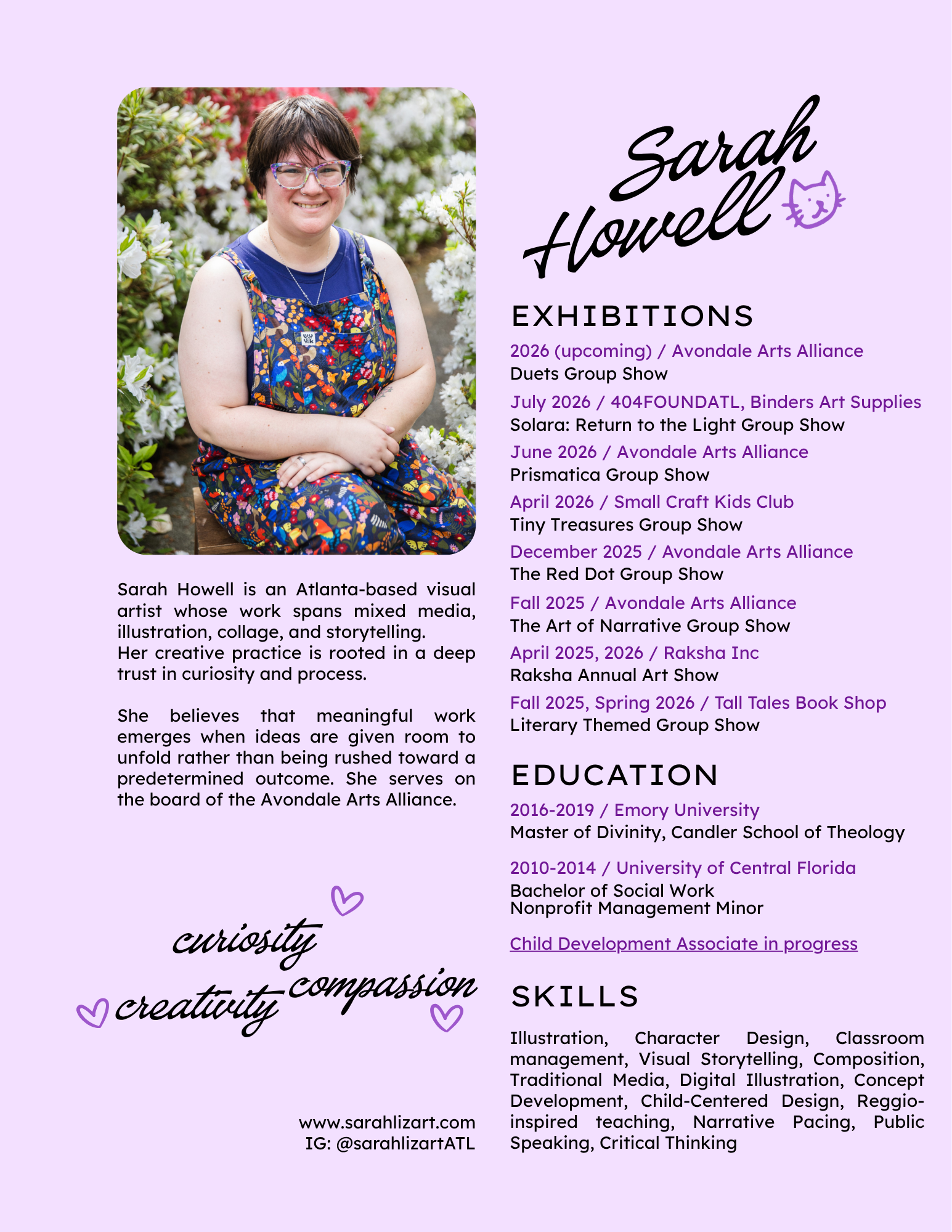 Image of a woman with short dark hair and glasses, sitting outdoors among white flowers. To the right is a purple-colored biography and exhibition list for Sarah Howell, an Atlanta-based visual artist, including upcoming exhibitions and educational background.