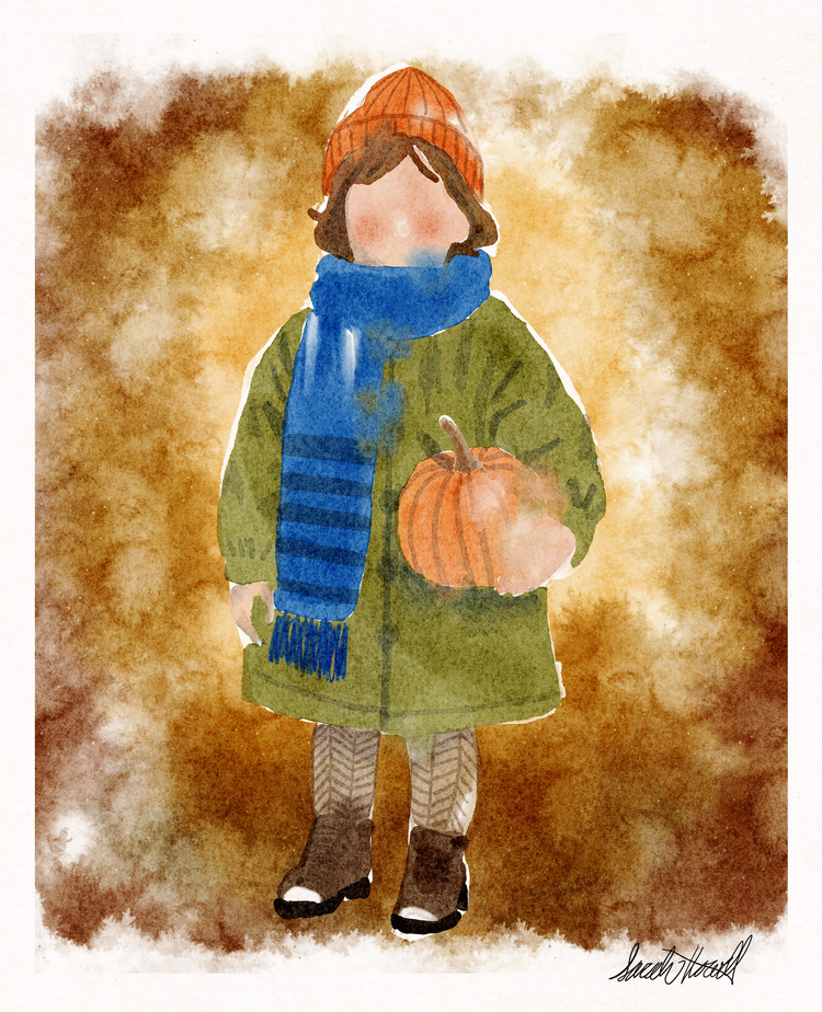 Watercolor illustration of a child wearing a rust-colored knit hat, a blue scarf, an olive-green coat, striped tights, and brown boots. The child is holding an orange pumpkin.