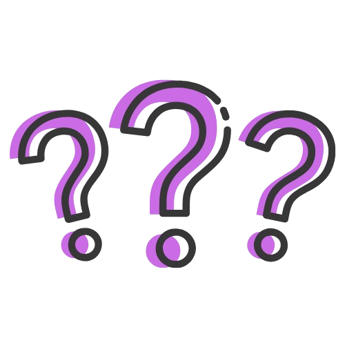 Three large purple question marks with shadows on a black background and a purple bar below.