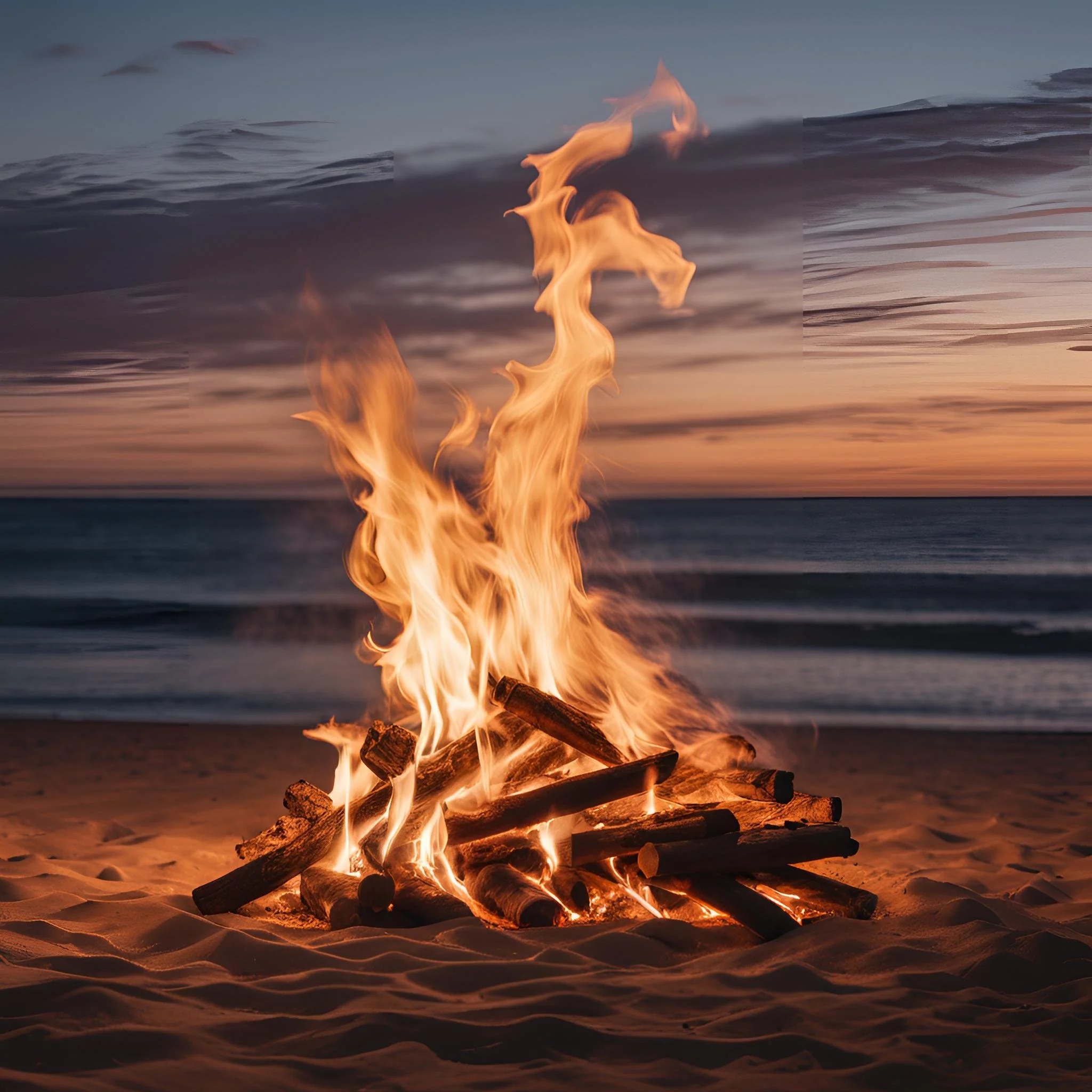 bonfire on a beach with the ocean in the background.