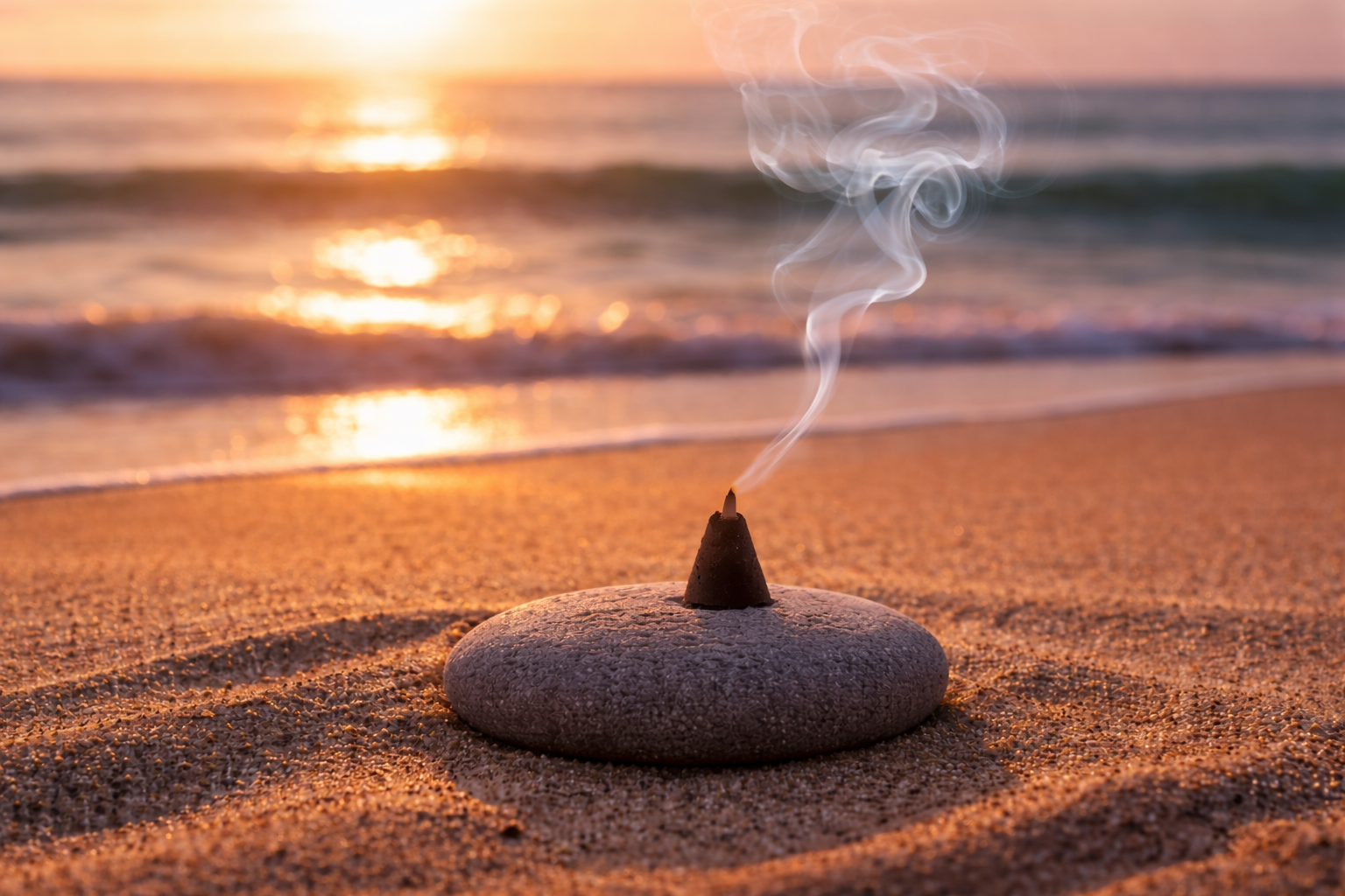 incense cone burning on a rock in the sand with ocean waves in the background.