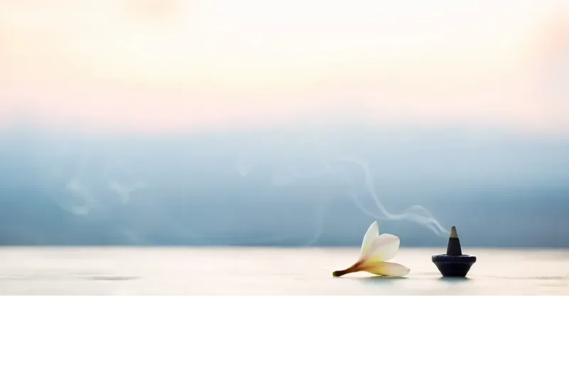 a flower petal sits next to a burning incense cone on a table