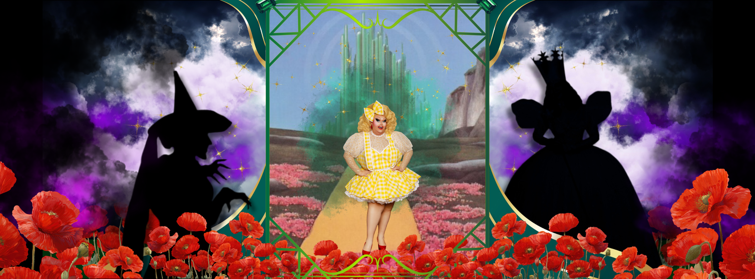 Colorful fantasy scene with a central  dressed in a yellow checkered dress, standing in front of a fantastical castle with green spires. The scene is framed by two black silhouette figures of witches with pointed hats, set against a backdrop of dark stormy clouds and bright purple accents. The foreground features bright red flowers, adding vibrancy to the scene.