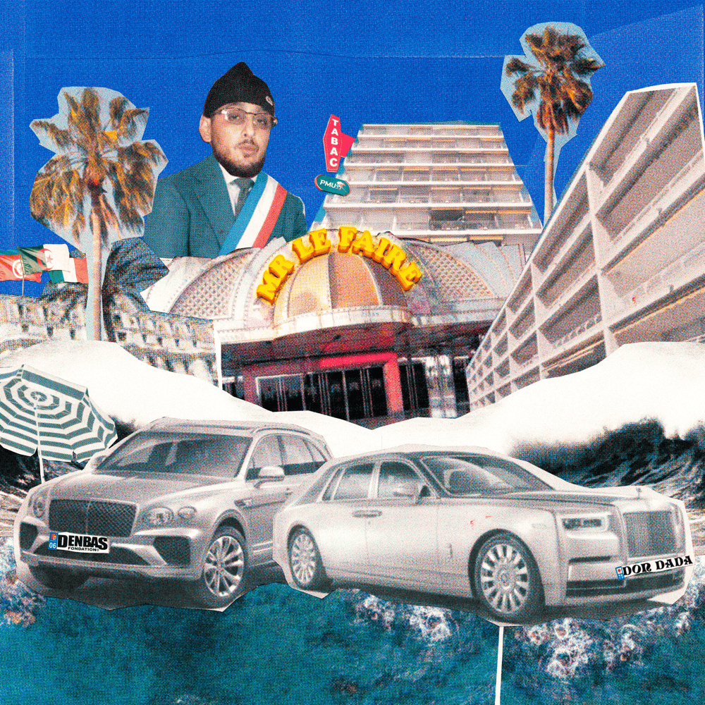 Collage numérique montrant un homme portant une tricolore, deux voitures de luxe, palmiers, un bâtiment avec un panneau 'Mr le Fauré', et divers éléments architecturaux et publicitaires