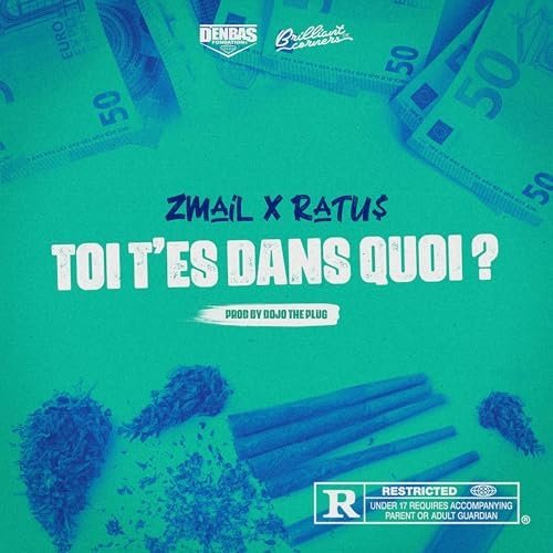 Affiche promotionnelle avec des billets de banque de 50 euros, des boulettes de marijuana, une bouteille, et un joint, avec texte en français.