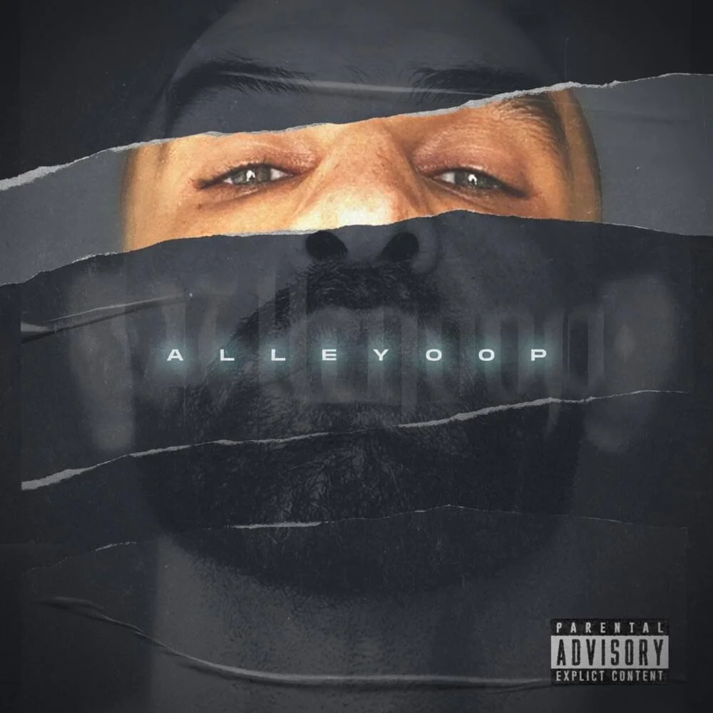 Couverture de l'album "Alleyoop" avec une image de visage humain partiellement dissimulé par des bandes noires et le titre en caractères lumineux