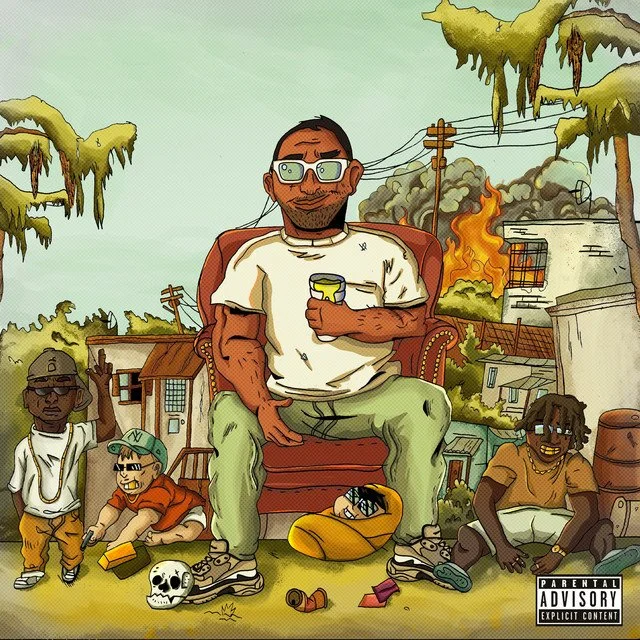 Illustration numérique montrant un homme assis sur un fauteuil, tenant une canette, dans un décor chaotique avec des incendies, des enfants en bas âge et divers signes de désordre