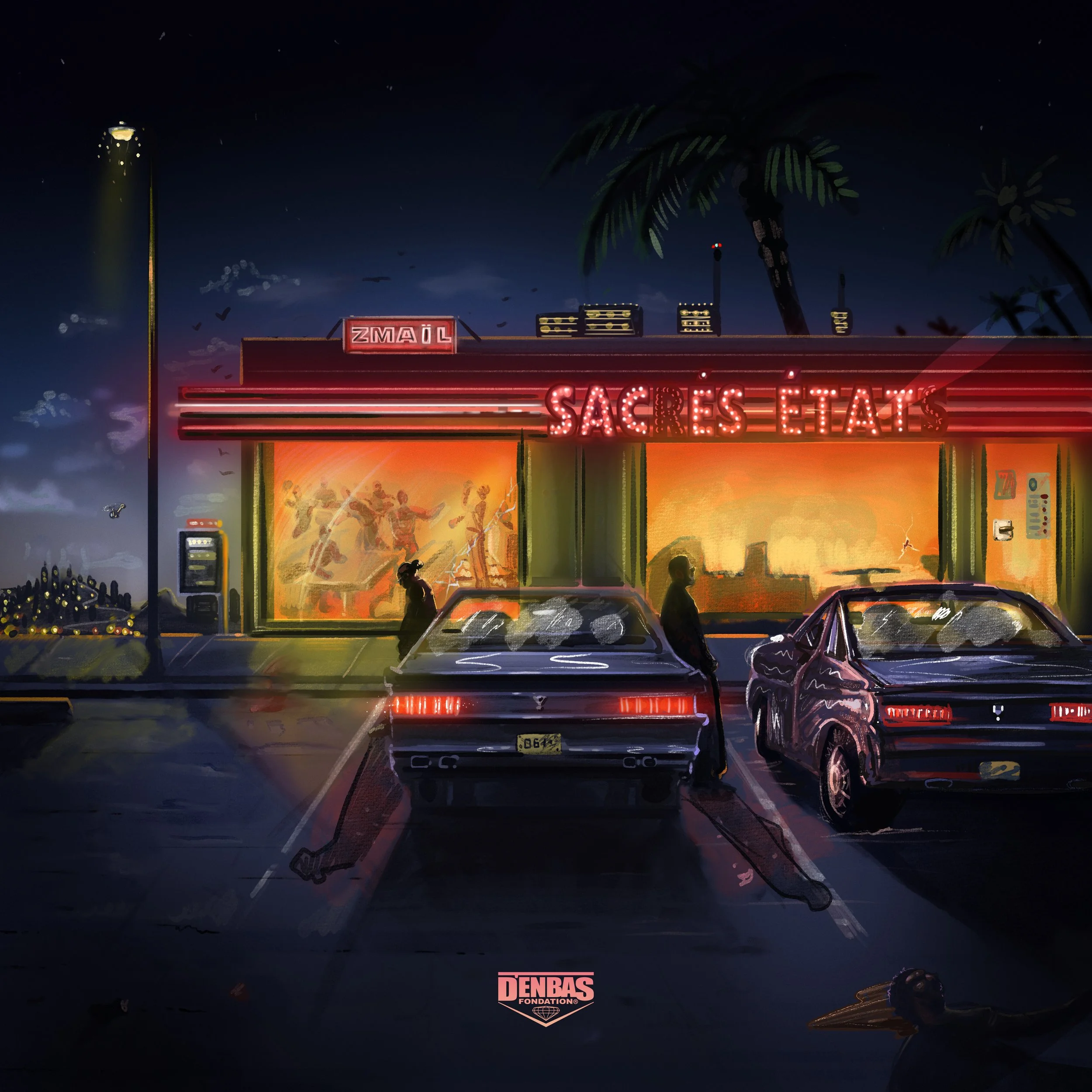 Une scène nocturne devant un cinéma nommé SACRES ETATS avec deux voitures anciennes garées en premier plan, un homme et une femme debout à côté d'elles, et un fond illuminé avec des arbres et un ciel étoilé.