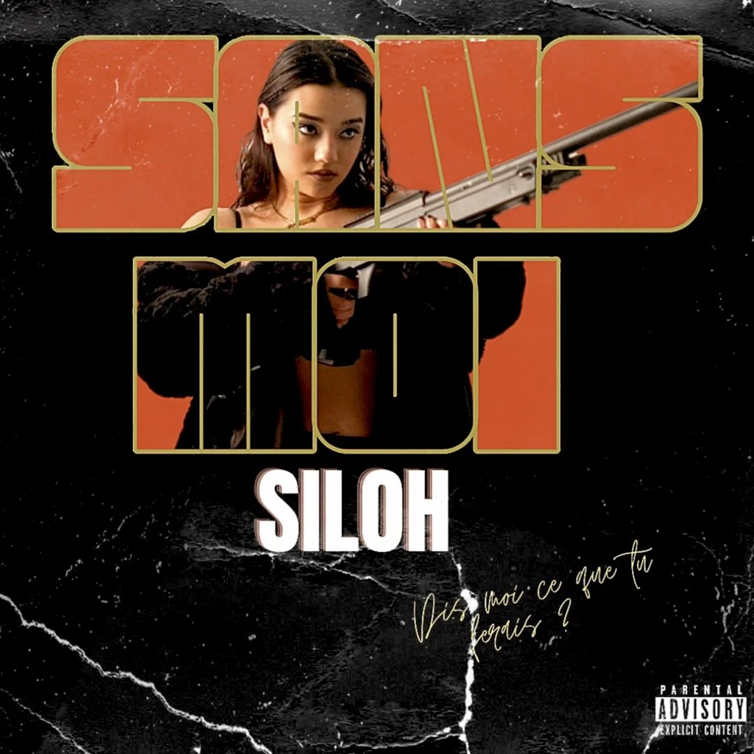 Affiche de film ou de musique avec une femme tenant un fusil, arrière-plan orange et noir, texte en français 'Siloh', avec la phrase 'Dis-moi ce que tu voulais ? que tu' en écriture cursive