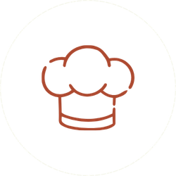 Simple line drawing of a chef’s hat inside a double circle on a black background.