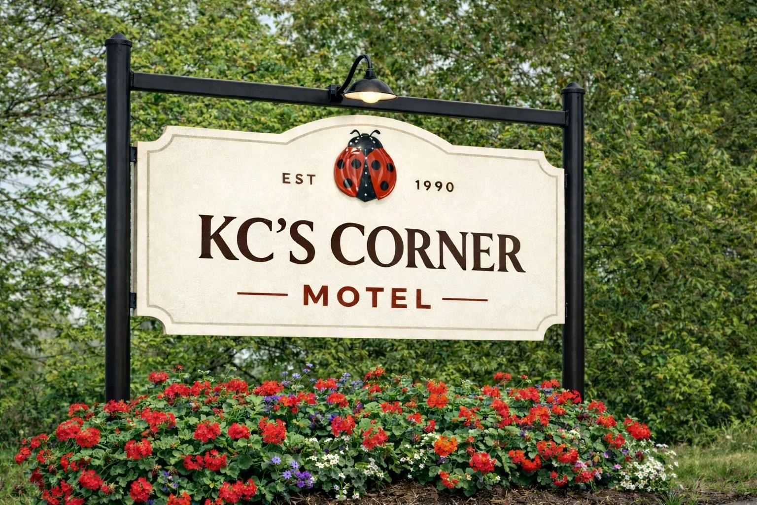Sign for KC's Corner Motel with a ladybug decoration, surrounded by red and purple flowers and green foliage.