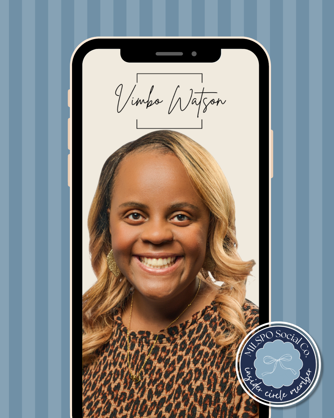A headshot of Vimbo Watson wearing a Cheetah Blouse