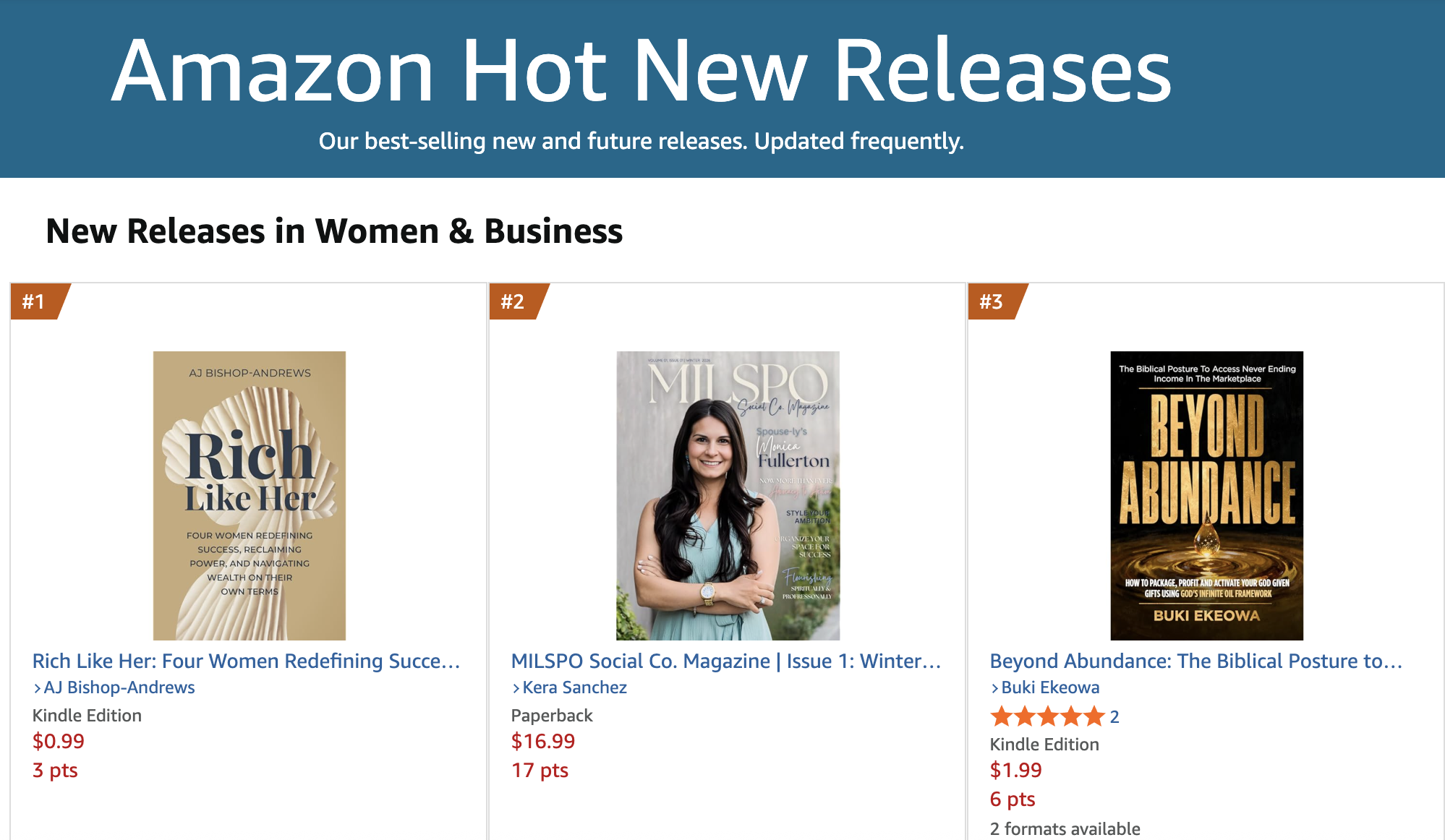Amazon webpage listing new releases in women's and business categories, featuring three books: 'Rich Like Her: Four Women Redefining Success' by AJ Bishop-Andrews, 'MILSpouse Social Co. Magazine Issue 1: Winter' by Kera Sanchez, and 'Beyond Abundance: The Biblical Posture to...' by Buki Ekeowa.