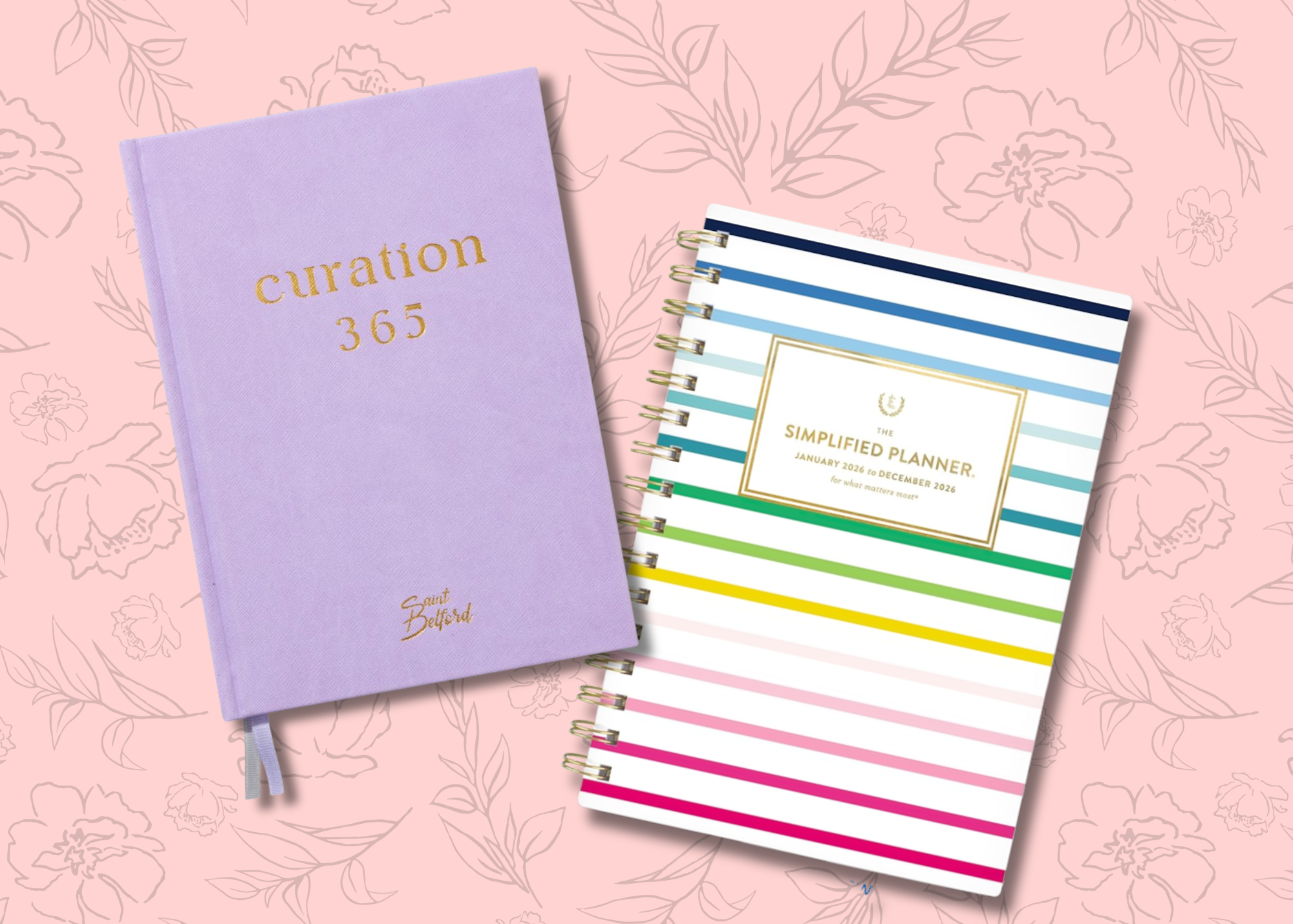 a Collage of two planners that are purple and striped.