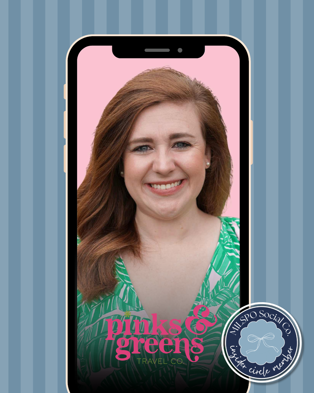 A photo of Rachel Salley wearing a tropical outfit with a logo of PINKS & GREENS overlay