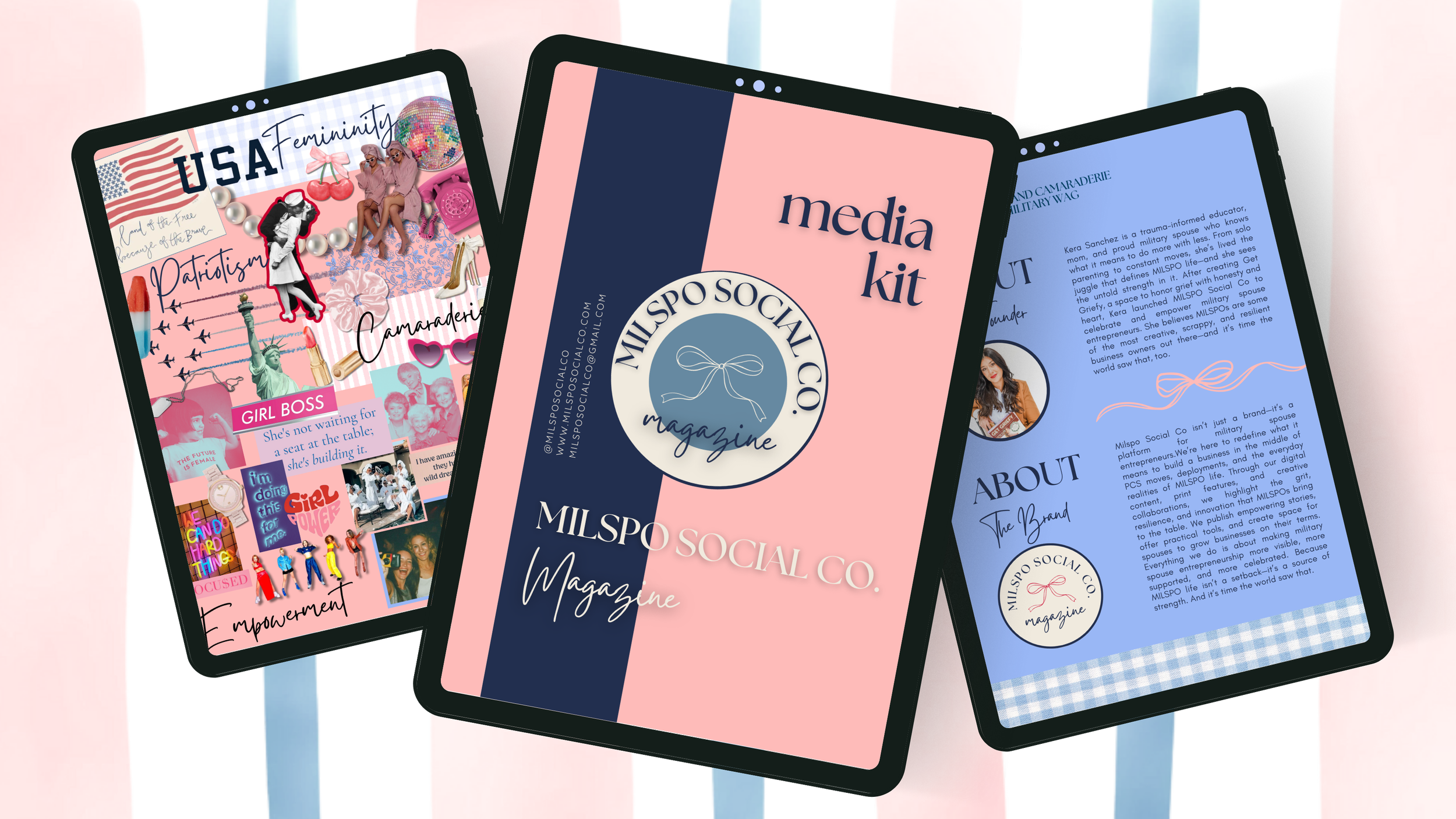 Three digital tablets displaying social media and magazine content, with colorful backgrounds and various images and text in a collage style.
