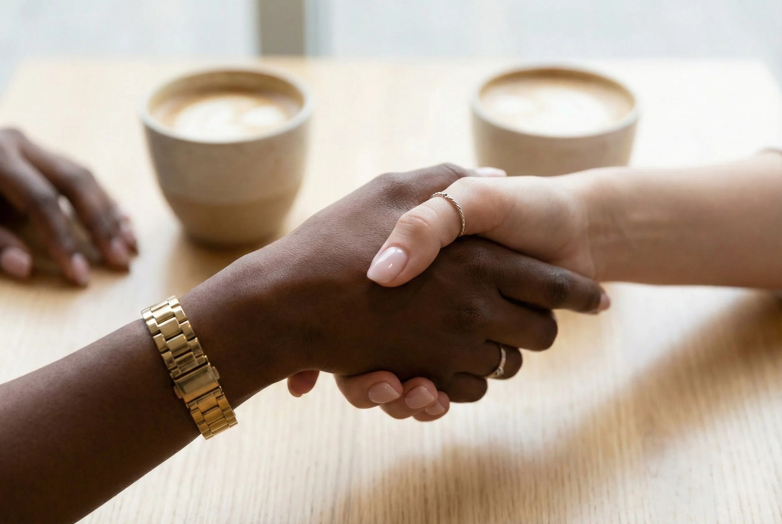 Two people shaking hands in a friendly manner, with two coffee cups in the background on a light-colored table.