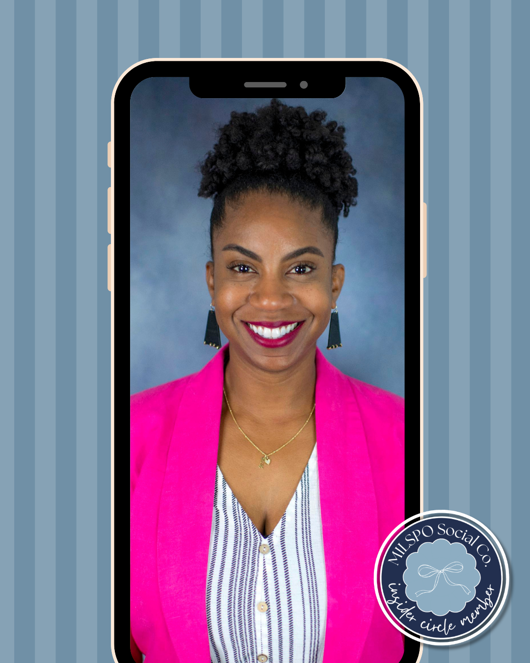 Headshot of Stephani Shepherd in a Pink Blazer and statement earrings.