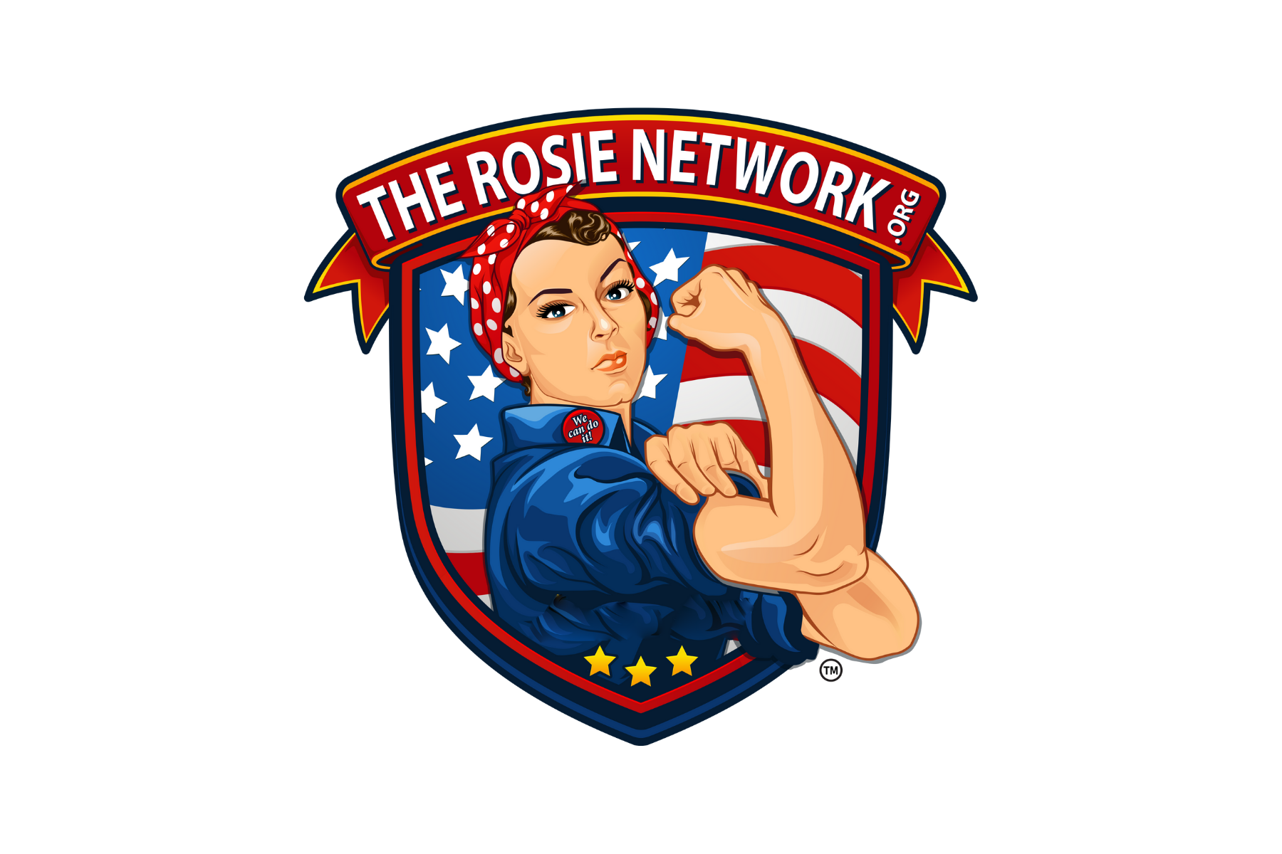 Design featuring a woman in a blue shirt with a red polka dot headband, flexing her arm. The background includes an American flag pattern and stars. Text reads 'THE ROSIE NETWORK'.