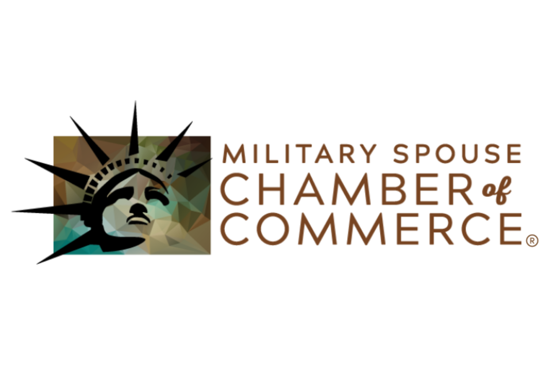 Logo of the Military Spouse Chamber of Commerce featuring an abstract geometric illustration of the Statue of Liberty's face and torch, with text in brown reading 'Military Spouse Chamber of Commerce'.
