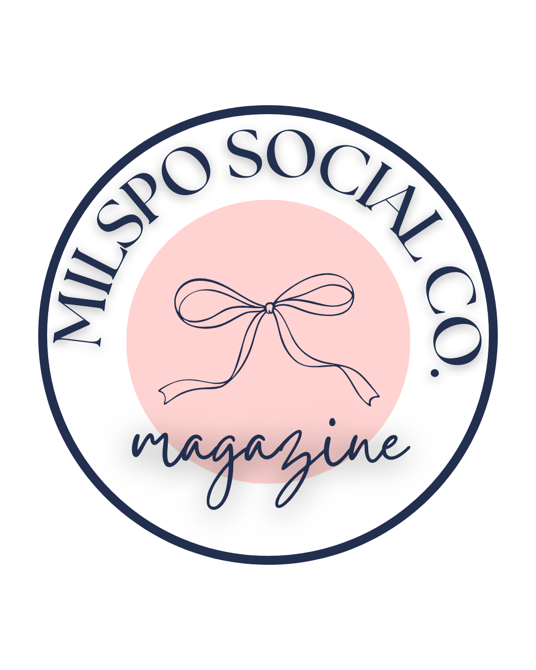 Logo for the 'MILSPO SOCIAL CO.' magazine featuring a pink circle with a simple black line drawing of a bow, and the text 'MILSPO SOCIAL CO.' arcing around the top and 'magazine' written in cursive at the bottom.