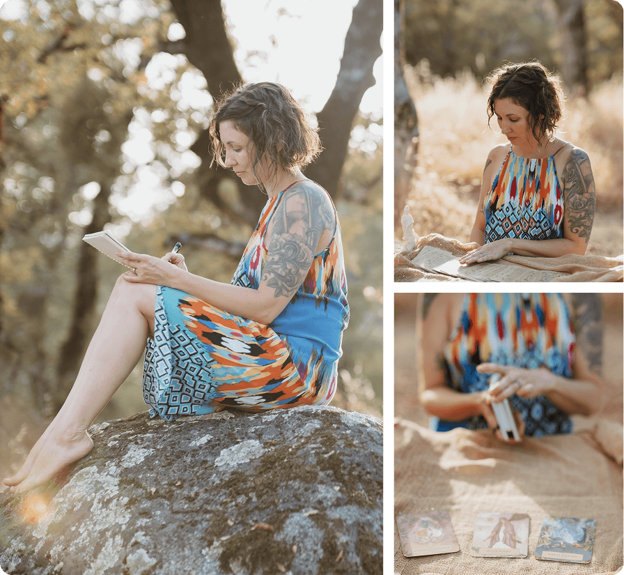 Elena Wolfbrandt Michels, a woman with brown hair and tattoos on her arms, sitting on a large rock outdoors, holding her journal, with a background of trees and warm sunlight.