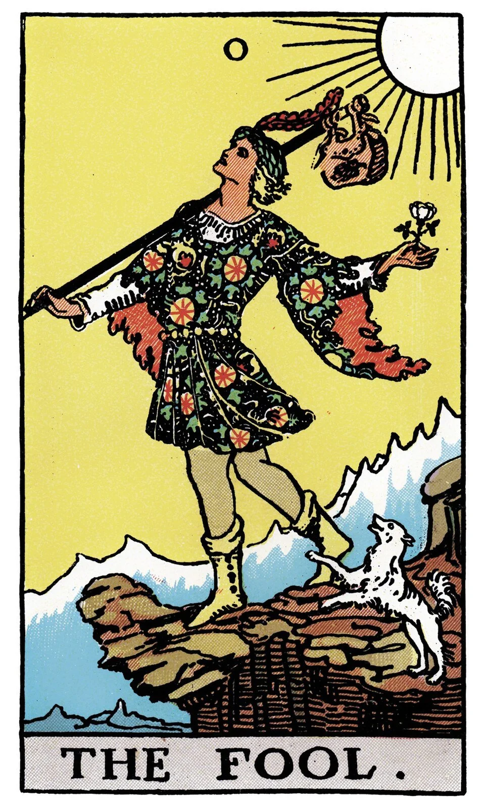 The traditional Fool Tarot Card from the Rider-Waite deck. It features a young adult venturing into the world, with a dog, a packed knapsack, perched at the edge of a cliff.