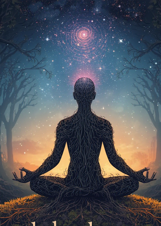 Silhouette of a person meditating and tuning into their soul's path, in a forest clearing at sunset with a starry night sky and glowing galaxy above, with tree branches on either side.