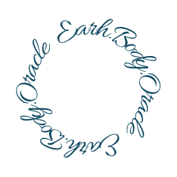 Text in a circle reading 'Earth, Body, Oracle' in blue cursive font.