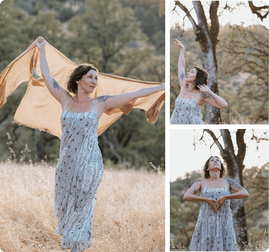 Elena, outdoors in a field with tall grass, holding a scarf in the air, stretching her arms, and making a heart shape with her hands. SThe background features trees and a warm, sunny atmosphere.