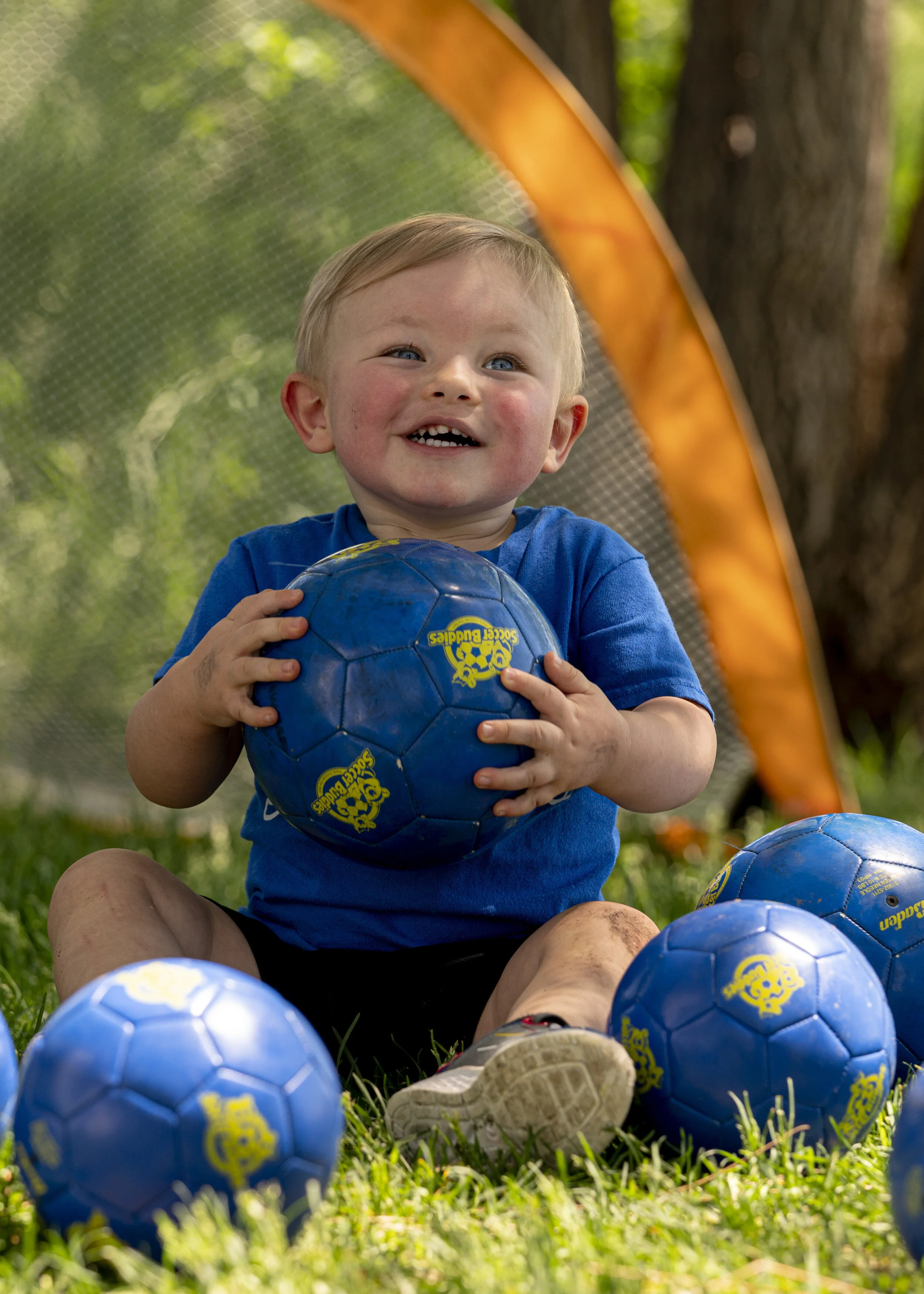 A young child with blond hair and blue eyes, wearing a blue shirt, sitting on grass, smiling, holding a blue soccer ball, surrounded by other soccer balls, with a tree and orange tent in the background.