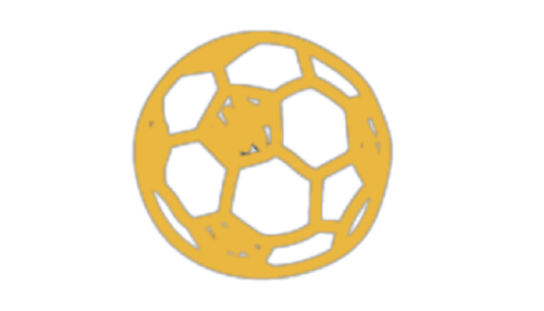 Golden soccer ball with hexagonal and pentagonal panels on a dark background with blue gradient.