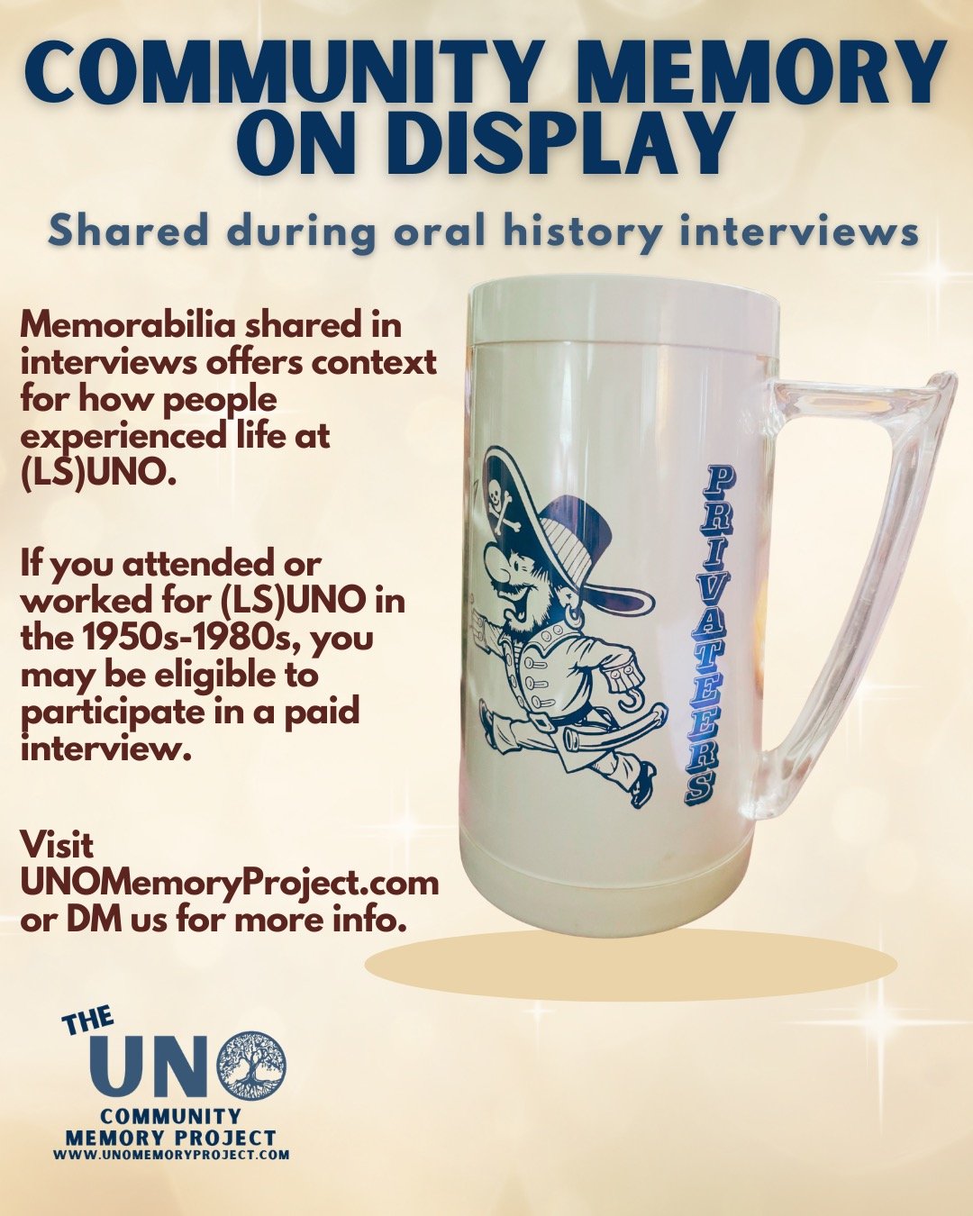 Community memory extends beyond written records.
During oral history interviews, participants may choose to share personal items that provide context for their experiences. This vintage Privateers mug is one example.
Limited interview spots remain. V