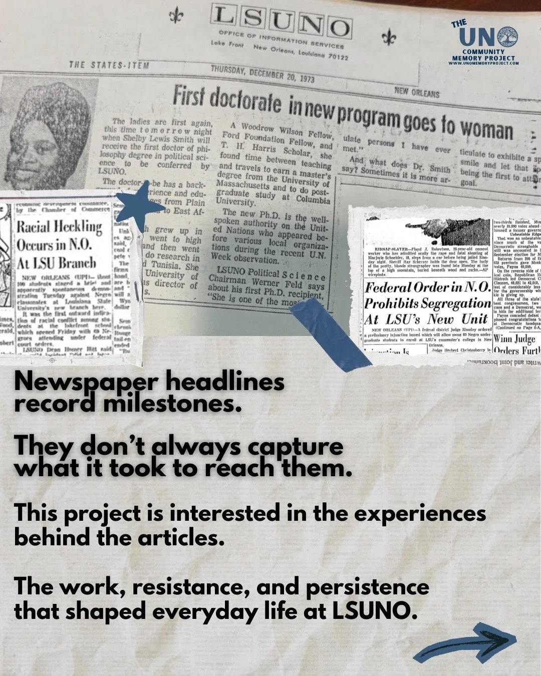 Newspaper clippings often mark moments of change, but they rarely capture what it took to make those moments possible.
The UNO Community Memory Project looks beyond the headlines to understand how those changes were lived and experienced at LSUNO.
If