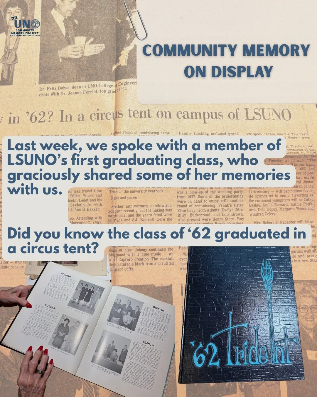 Did you know the LSUNO class of 1962 graduated in a circus tent? We are grateful to all of our participants who continue to share with us their campus memories. Have a memory to share? Visit UNOMemoryProject.com for more info.