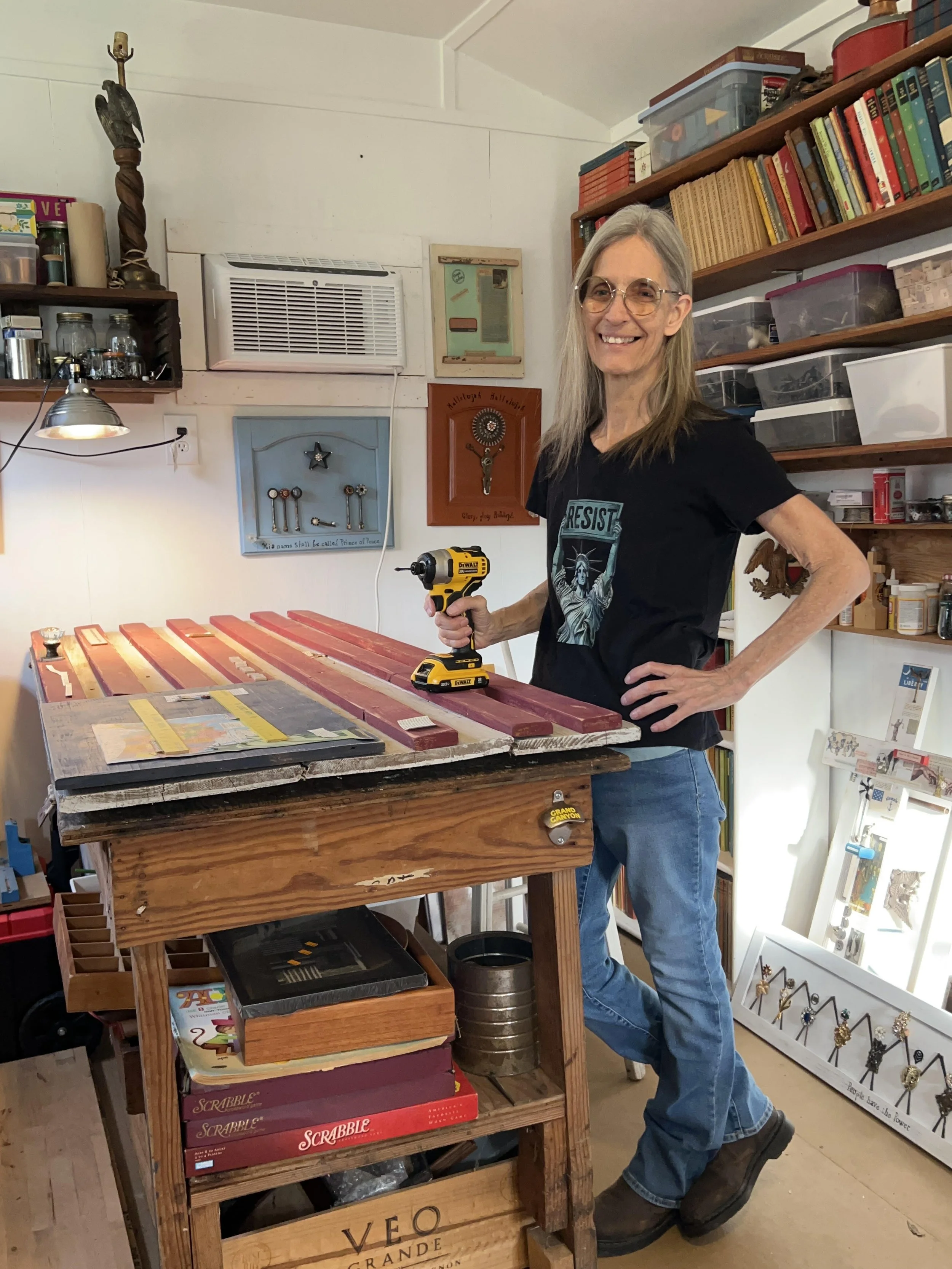 Kim Joris in her studio making art