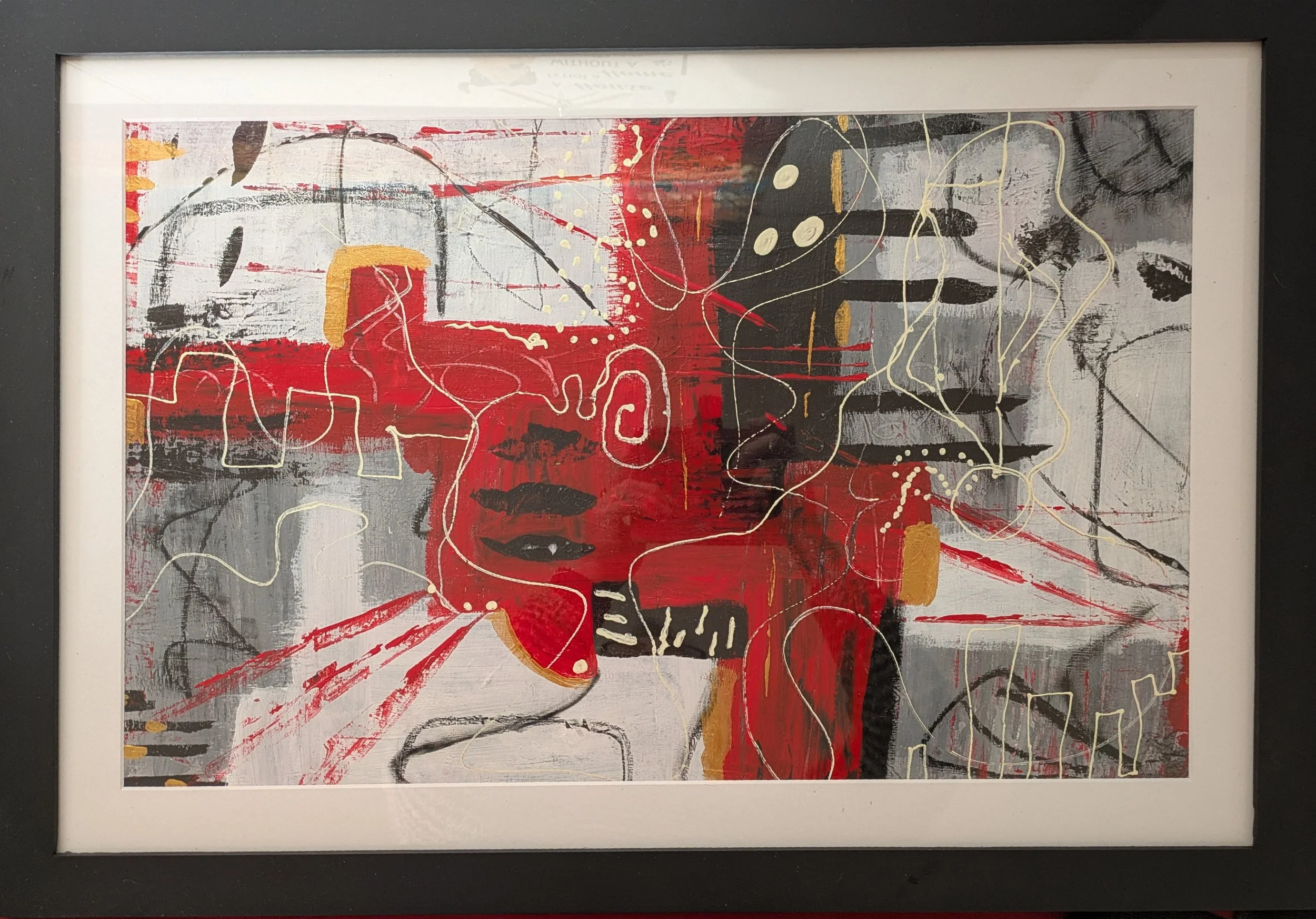 RED, BLACK & WHITE ALL OVER
Acrylic on paper under glass and framed
DIMENSIONS                                       $