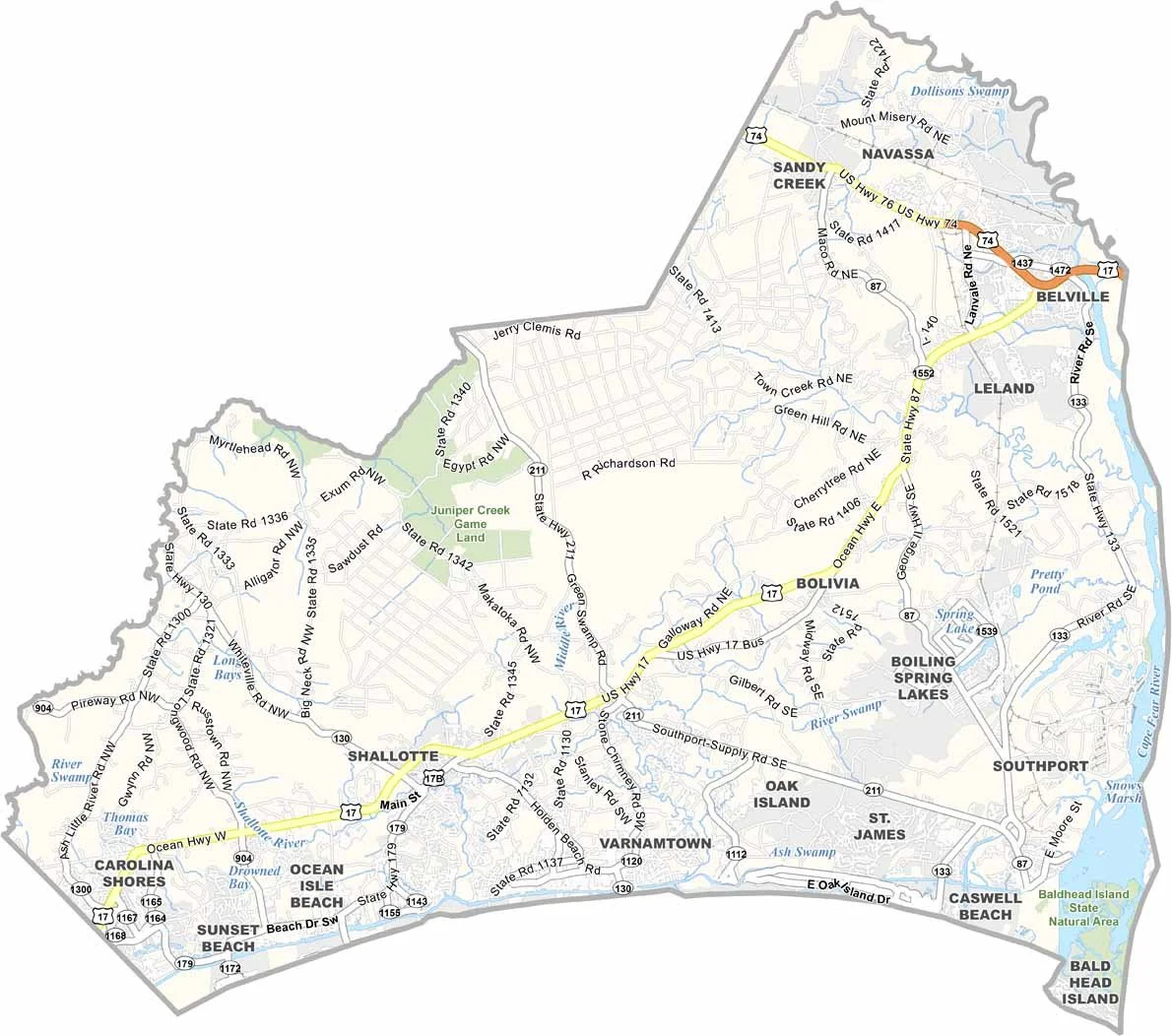 Map of a coastal area showing towns, roads, waterways, and natural landmarks in American English.