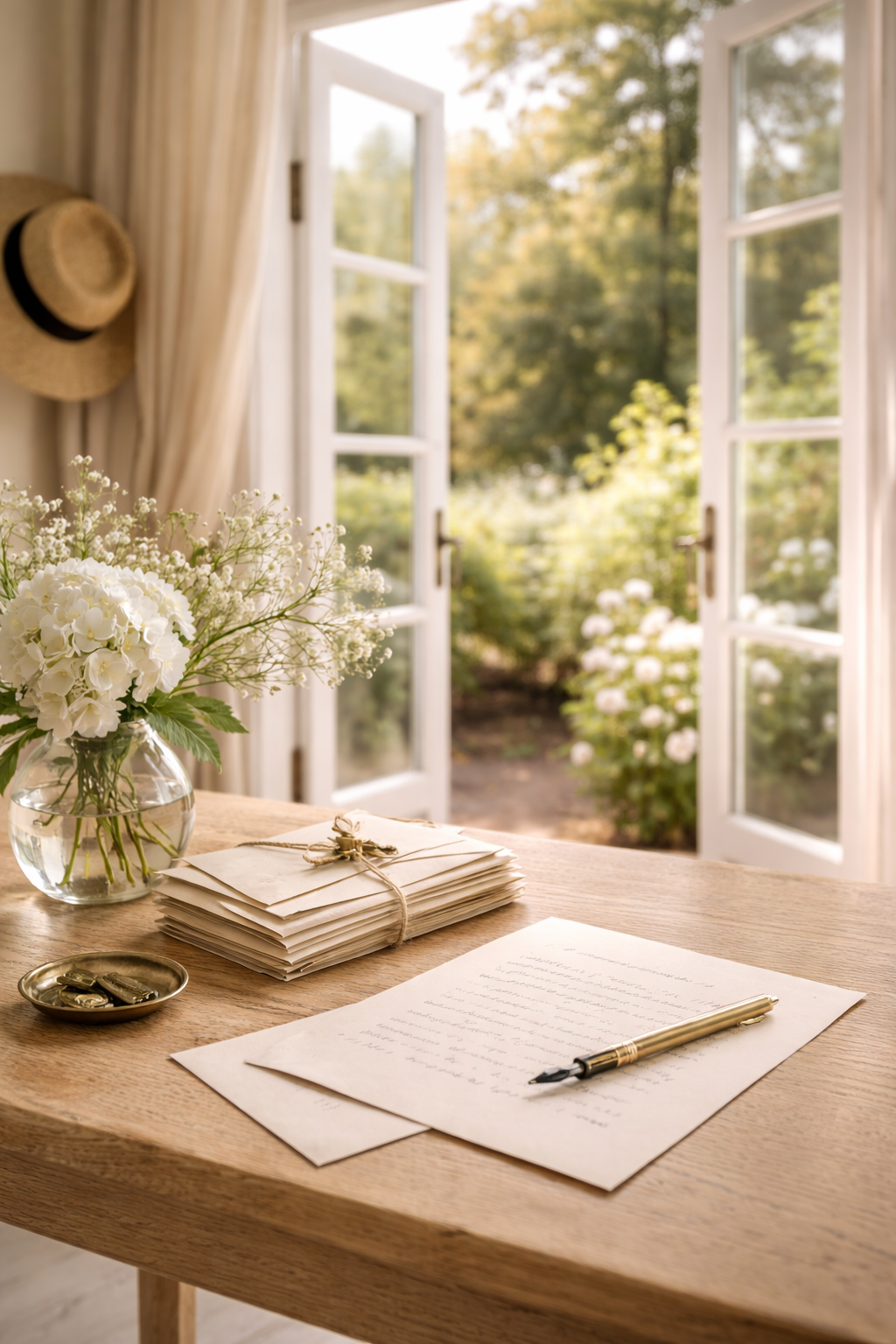 A wooden desk with a vase of white flowers, a stack of handwritten letters tied with string, a sheet of paper with a fountain pen, and an open window with a view of green trees and shrubs outside.