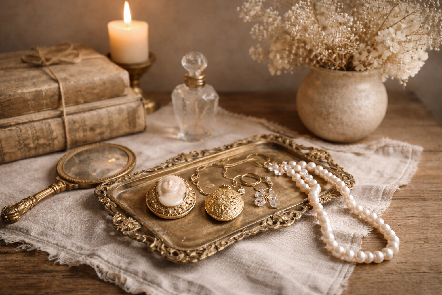 Vintage jewelry including pearl necklace, gold locket, and rings on ornate silver tray, with lace cloth, a hand mirror, candles, an antique book, a glass perfume bottle, and a vase with white flowers in the background.