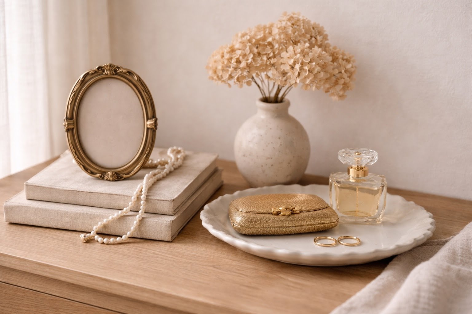 Decorative vanity table with a vintage oval mirror, two stacked neutral-colored books, a pearl necklace, a white vase with dried light pink flowers, a gold clutch purse, a glass perfume bottle, and a pair of gold rings on a white decorative tray.