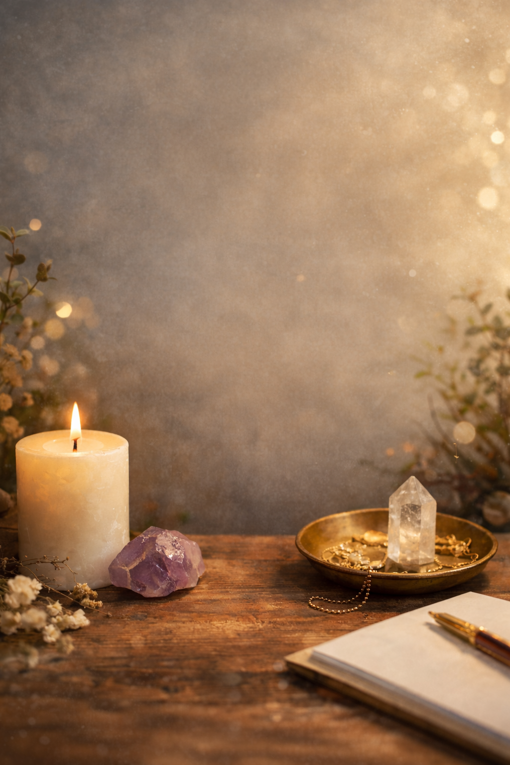 A lit white candle, an amethyst crystal, and jewelry on a brass dish on a wooden table. A notebook and golden pen in the foreground, with greenery and small flowers on either side, against a softly lit, textured background.
