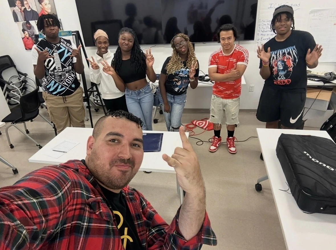Gabriel Castellar with his students at the Childrens Place in Harlem NY for the NEoN ARTS program in NYC